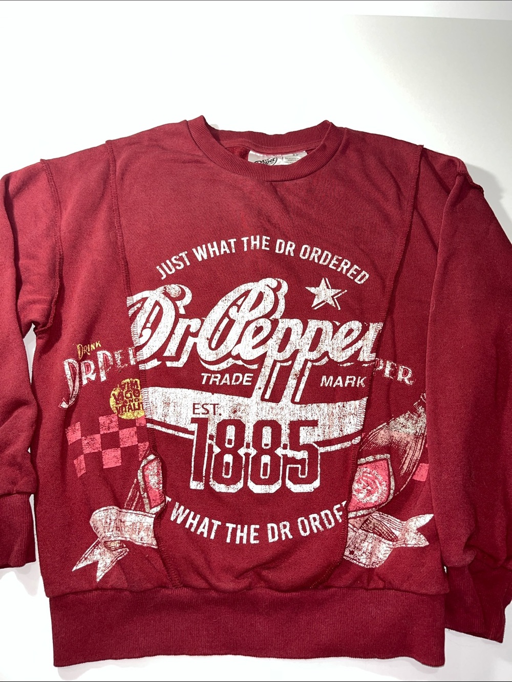 Dr. Pepper Vintage Aesthetic Seamed Graphic Sweatshirt Maroon XS